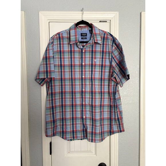 Chaps Button Up Shirt Mens Size XXL Plaid Easy Care Stretch Short Sleeve Cotton - Picture 1 of 7